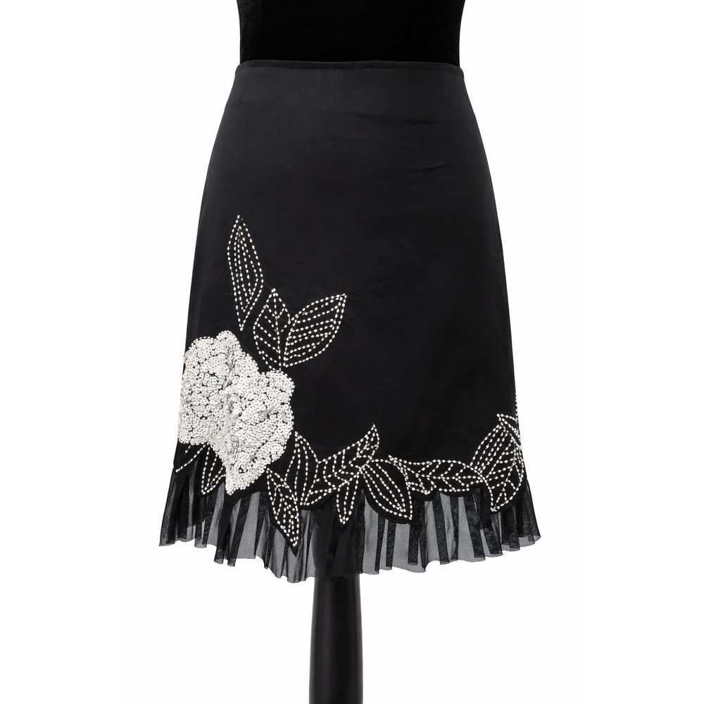 Cache Womens‎ Sequin Beaded Floral Fit & Flare Skirt Size 0 Black Cotton Stretch